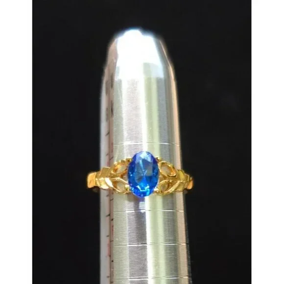 18K GFP Oval Blue Gemstone Ring With Intricate Band Size 2 - Dainty, Small - Picture 2 of 7